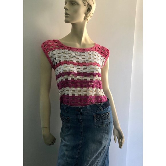 1970s Top, Size M, Vintage Crochet Shirt, Pink Knit Sleeveless Shirt - Picture 8 of 10